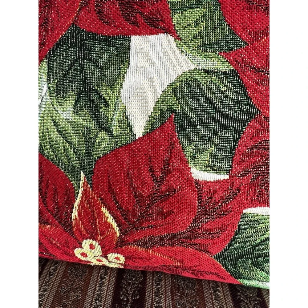 Poinsettia Tapestry Throw Pillow Red Green‎ Gold Christmas Holiday Flower 16x16